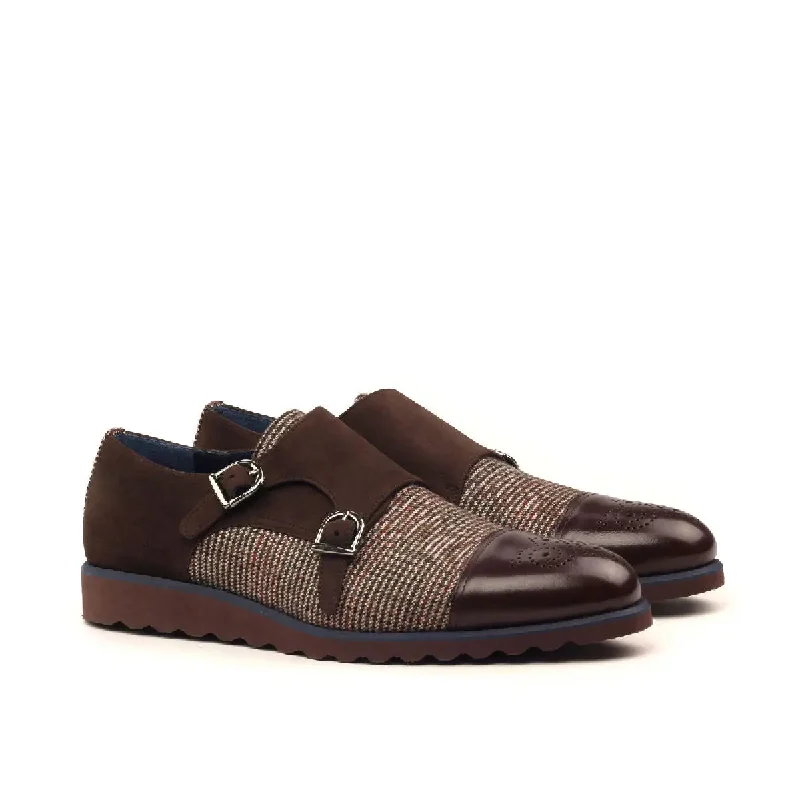 DapperFam Monaco in Tweed / Dark Brown / Brown Men's Sartorial & Italian Leather & Italian Suede Double Monk