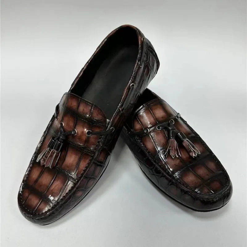 Men's Genuine Crocodile Skin Leather Casual Slip-on Flat Moccasins