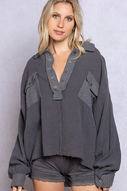 Versatile Women's Fashion Hot Girl Henley Secret Rainbow Oversized Long Sleeve Top