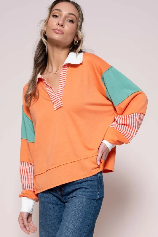 Sale Clothes Online Hot Girl Hailey & Co Color Block with Striped Panel In Orange Long Sleeve Top Sale Clothes Online Hot Girl Hailey & Co Color Block with Striped Panel In Orange Long Sleeve Top