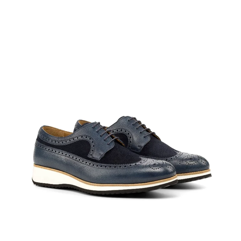 DapperFam Zephyr in Navy Men's Lux Suede & Italian Pebble Grain Leather Longwing Blucher