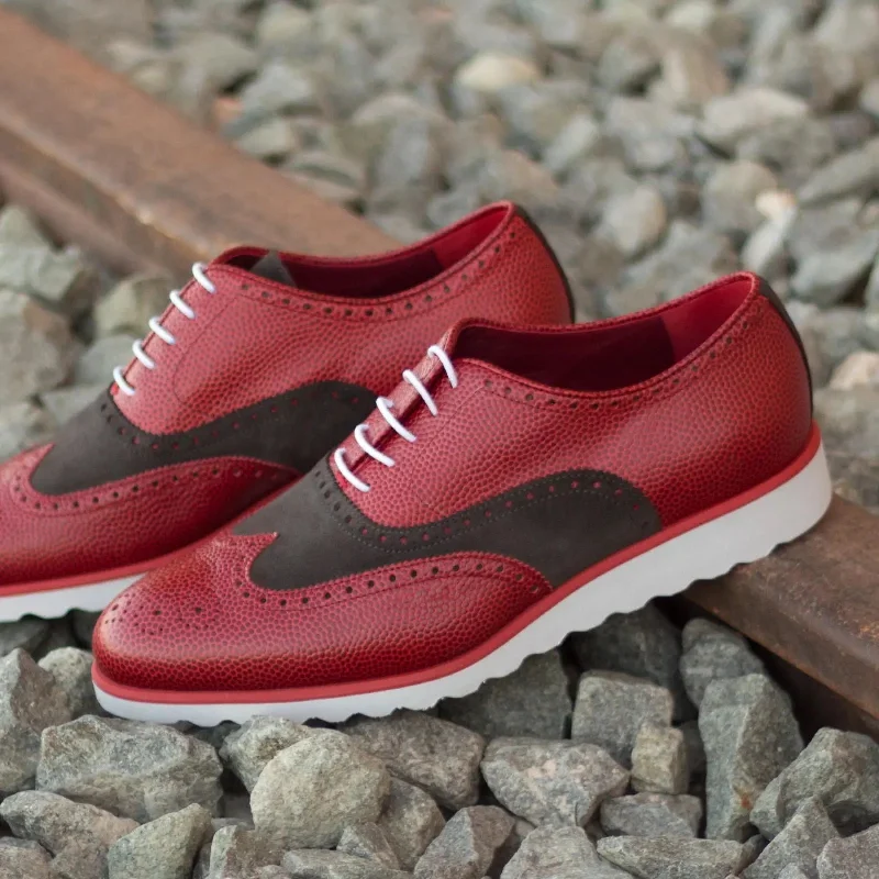 DapperFam Aeron in Red / Grey Men's Lux Suede & Italian Pebble Grain Leather Full Brogue