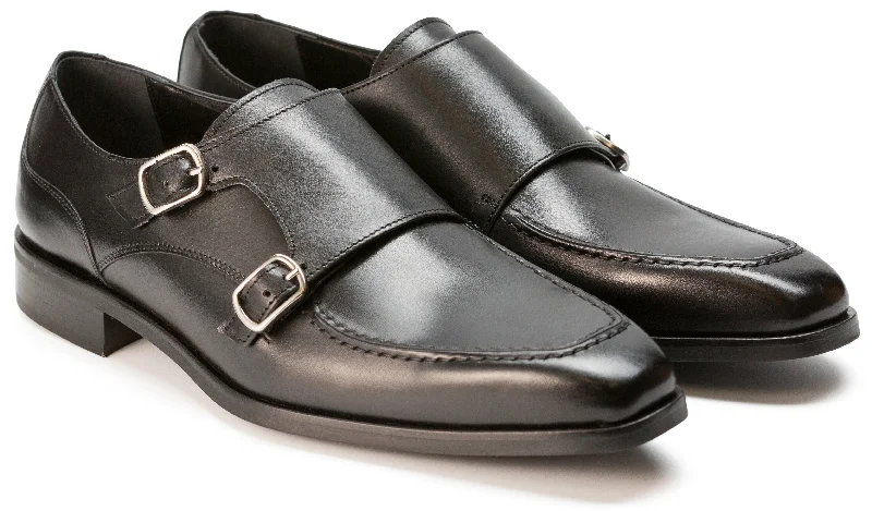 Luciana Men's Black Leather Monk Strap Apron Toe 21052