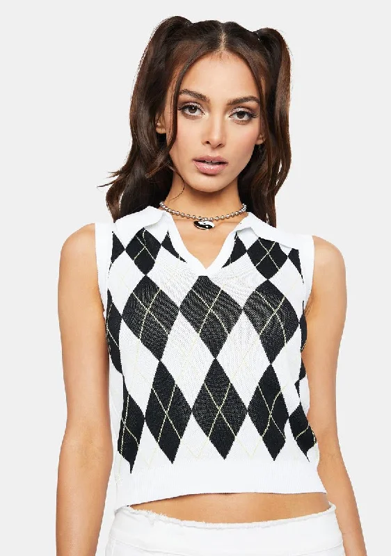 Women's High-Fashion Attire Bad Teacher's Boss Argyle Crop Sweater Vest