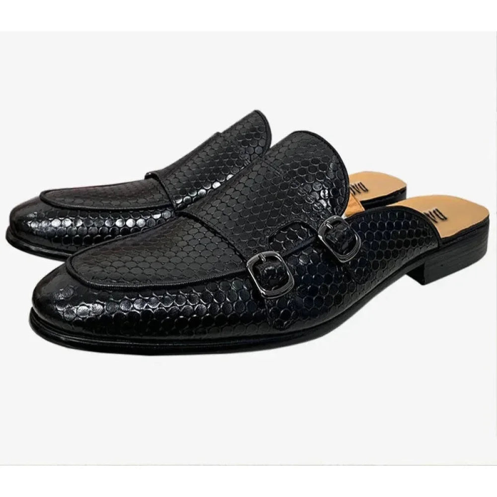 Men's Classic Style Double Buckle Strap Breathable Genuine Leather Half Shoes