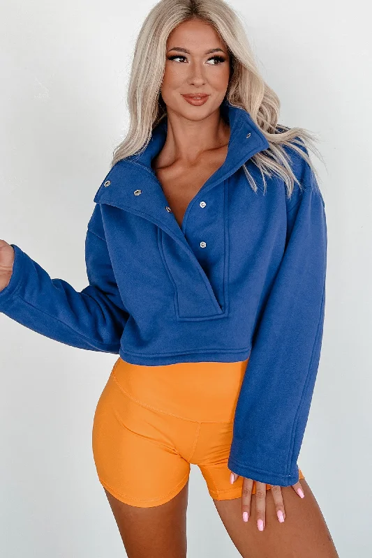 Stylish Women's Outerwear Apparel Go-Getter Attitude Cropped Snap-Button Pullover (Blue) Stylish Women's Outerwear Apparel Go-Getter Attitude Cropped Snap-Button Pullover (Blue)