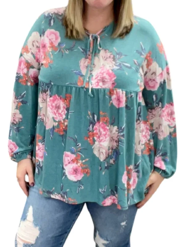 Comfortable Clothes Floral Babydoll Tunic Top In Teal/pink