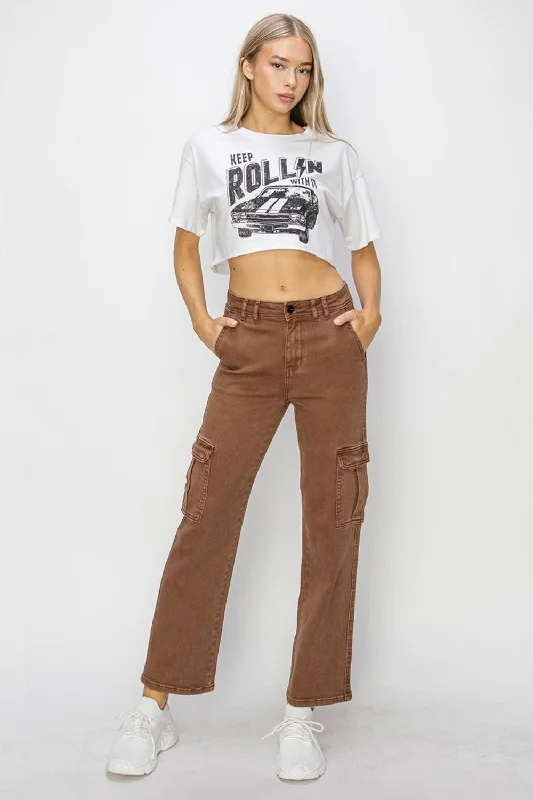 Contemporary Women's Clothing Hot Girl Risen High Rise Cargo Jeans In Brown