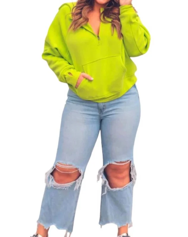 Versatile Women's Clothing for All Occasions Kenna Hooded Quarter Zip Sweatshirt With Thumb Holes In Neon Green Versatile Women's Clothing for All Occasions Kenna Hooded Quarter Zip Sweatshirt With Thumb Holes In Neon Green