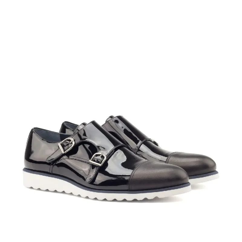 DapperFam Monaco in Black Men's Italian Patent Leather & Italian Full Grain Leather Double Monk