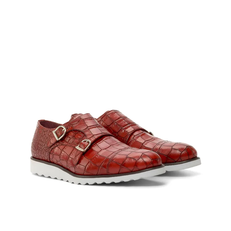 DapperFam Monaco in Red Men's Italian Croco Embossed Leather Double Monk