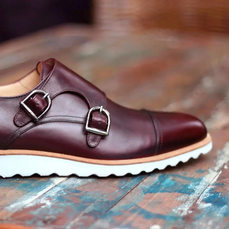 DapperFam Monaco in Burgundy Men's Italian Leather Double Monk