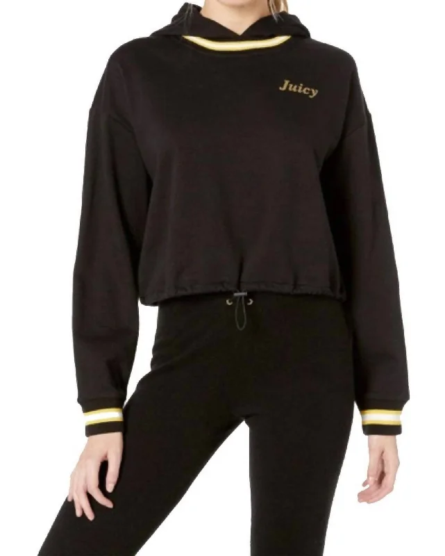 Women's Activewear for Exercise and Sports Fleece Hooded Cropped Cinched Pullover In Black Women's Activewear for Exercise and Sports Fleece Hooded Cropped Cinched Pullover In Black