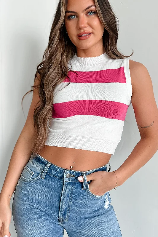 Comfortable Women's Apparel I Always Know Striped Sleeveless Crop Top (Ivory/Fuchsia) Comfortable Women's Apparel I Always Know Striped Sleeveless Crop Top (Ivory/Fuchsia)