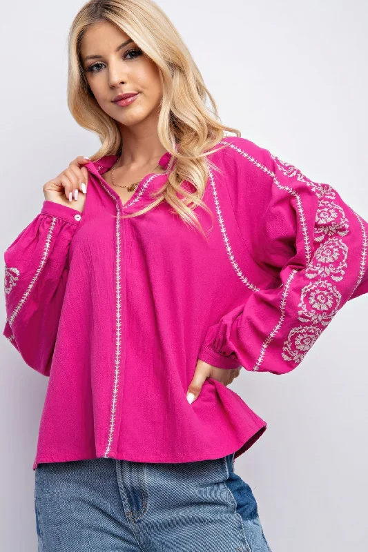 Comfortable Casual Women's Clothing Hot Girl Linen Gauze Embroidered In Hot Pink Long Sleeve Top Comfortable Casual Women's Clothing Hot Girl Linen Gauze Embroidered In Hot Pink Long Sleeve Top