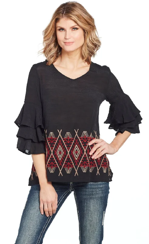 Women's Luxury Garments Cowgirl Up Womens Black/Red Rayon Geometric Ruffle Blouse S/S Women's Luxury Garments Cowgirl Up Womens Black/Red Rayon Geometric Ruffle Blouse S/S