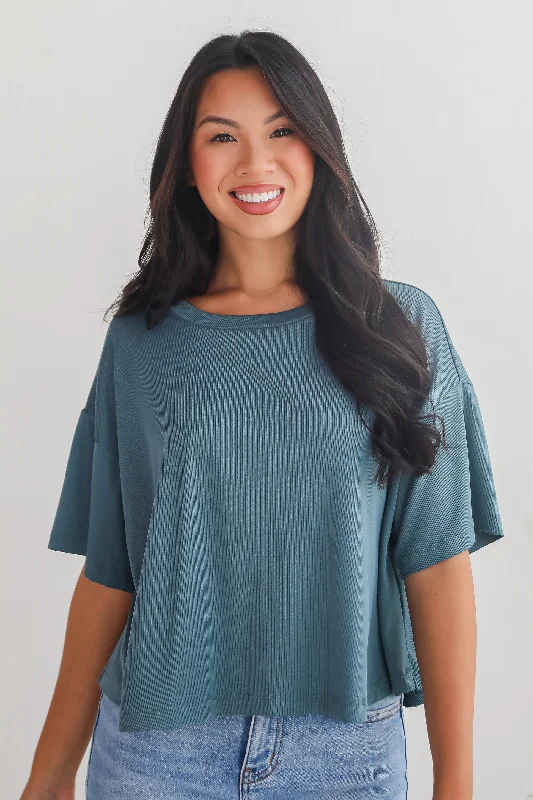 Women's Trendy Outfits Catherine Teal Ribbed Knit Tee - DU DEAL