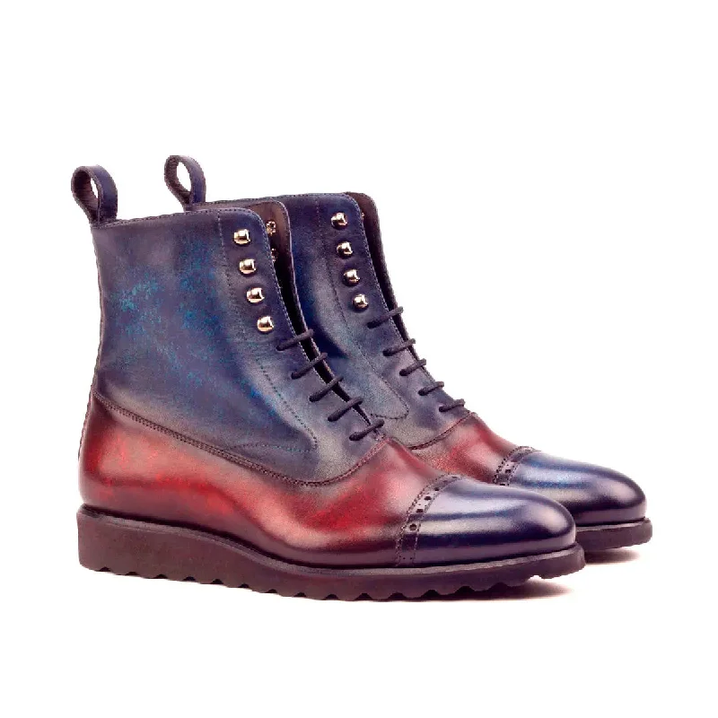 DapperFam Vittorio in Denim / Burgundy Men's Hand-Painted Patina Balmoral Boot