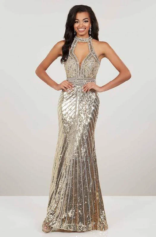 Casual Chic Clothing Panoply - 14963 Sequined High Halter Trumpet Dress - 1 pc Gold/Silver In Size 4 Available