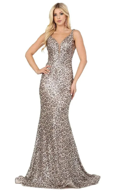 Relaxed Style Dancing Queen - 2921 Printed Deep V-neck Trumpet Dress