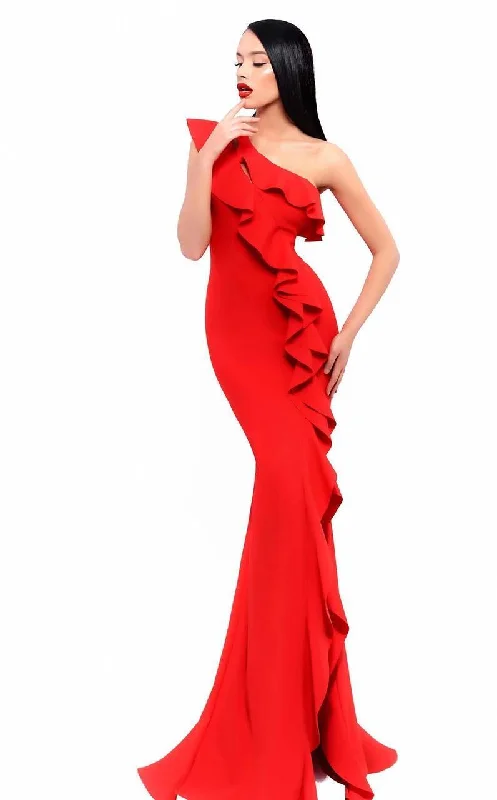 Dive Into Trendy Women's Fashion Tarik Ediz 93339 Ruffled One Shoulder Mermaid Dress - 1 pc Red in Size 6 Available Dive Into Trendy Women's Fashion Tarik Ediz 93339 Ruffled One Shoulder Mermaid Dress - 1 pc Red in Size 6 Available