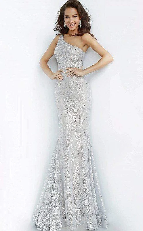 Mid - Week Surprise Jovani - 00353 One Shoulder Stretch Metallic Lace Trumpet Dress Mid - Week Surprise Jovani - 00353 One Shoulder Stretch Metallic Lace Trumpet Dress
