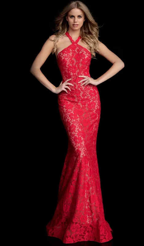 Women's Trendy Outfit Jovani - Embellished Lace Halter Trumpet Dress 63214SC
