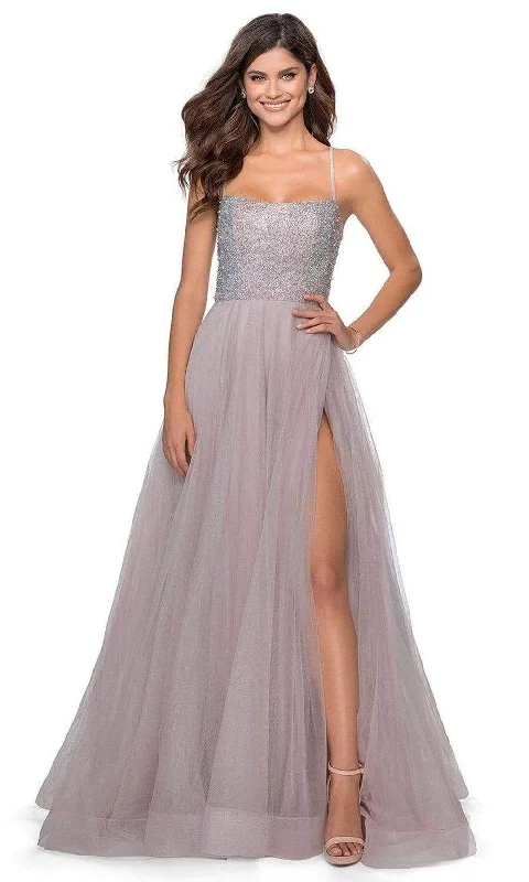 Timeless Women's Fashion Styles La Femme - Long Beaded Bodice High Slit Tulle Dress 28530SC - 1 pc Silver in Size 0 Available Timeless Women's Fashion Styles La Femme - Long Beaded Bodice High Slit Tulle Dress 28530SC - 1 pc Silver in Size 0 Available