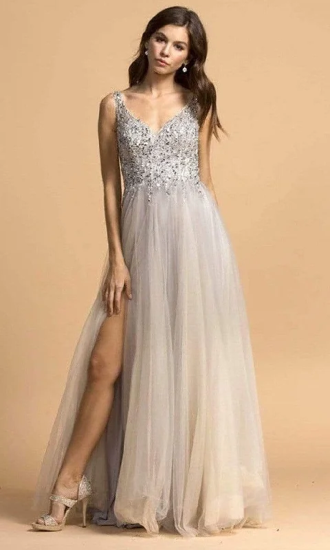 Discover Promotions Trevi Collection - L2201 Beaded V-Neck Tulle High Slit Dress