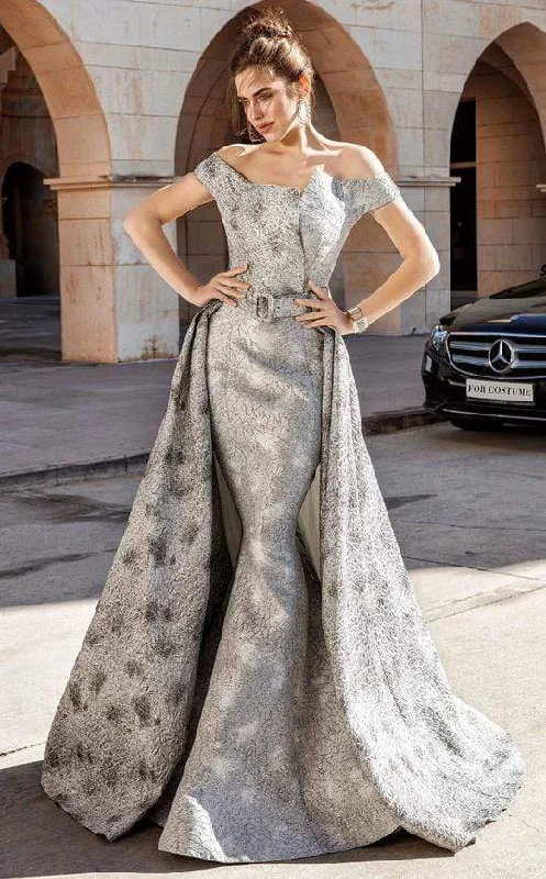 Exclusive Sale MNM Couture - Metallic Off-Shoulder Mermaid Dress with Overskirt F00590 - 1 pc Lilac In Size 8 Available
