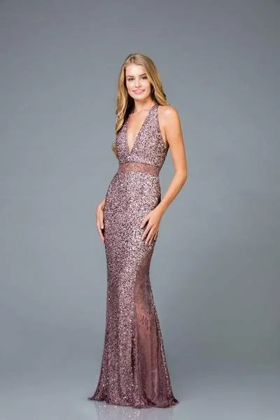 City Fashion SCALA - Sequined Deep V-neck Fitted Dress 48983 - 1 pc Amethyst In Size 2 Available