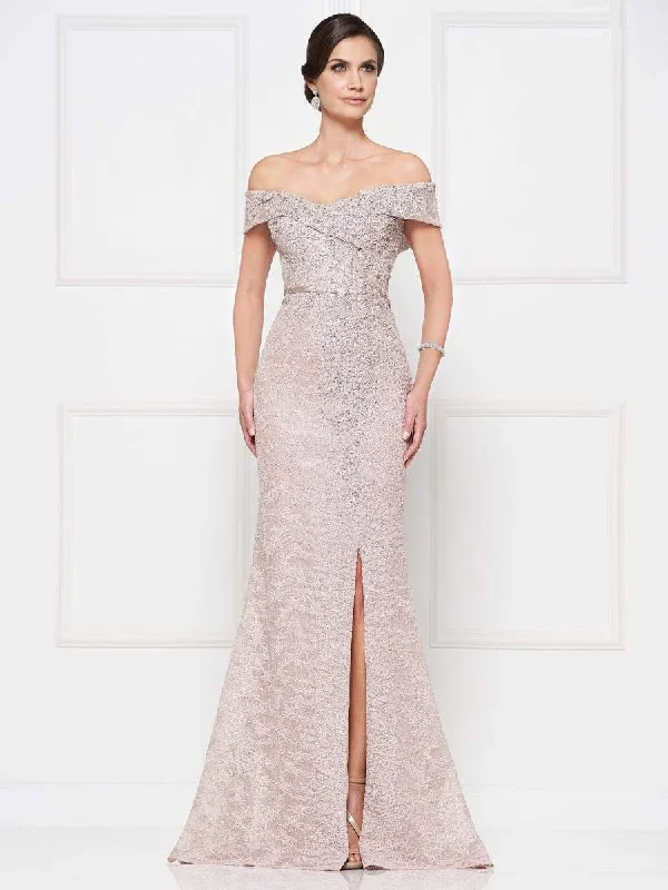 Season Offer Rina Di Montella - RD2655 Lace Off-Shoulder Trumpet Dress With Slit