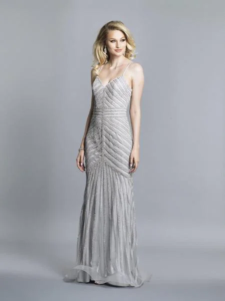Vintage-Inspired Women's Clothes Dave & Johnny - Embellished V-neck Trumpet Dress With Train 3751 - 1 pc Silver In Size 0 Available