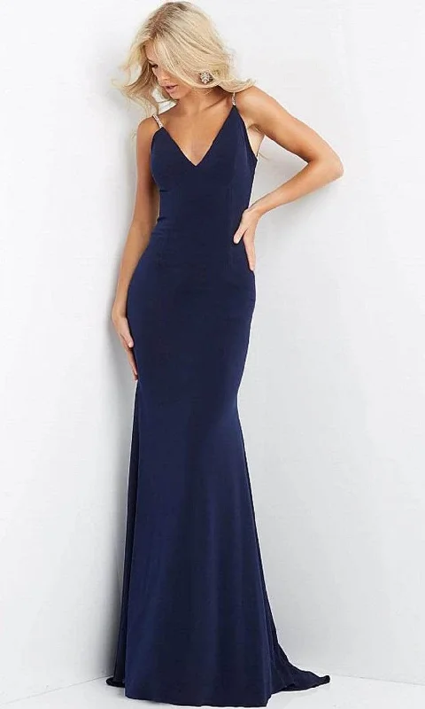 Women's Clothing Brands Jovani - Embellished Backless Trumpet Dress 07297SC - 1 pc Navy In Size 00 Available