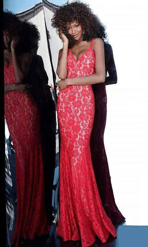 Vibrant Femme Fashion Jovani - Lace V-Neck Trumpet Dress 68005ASC