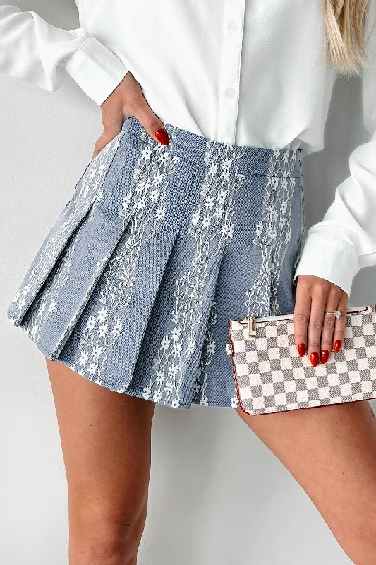 Chic Women's Clothing for Date Nights Flirty Concepts Pleated Lace Mini Skort (Blue Denim)