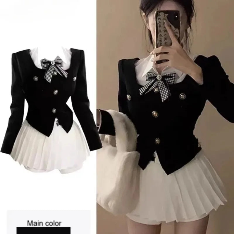 Trendy Women's Wear Korean Temperament Fake Two-piece Polo Neck Coat Pleated Skirt Two-piece Set Women Fashion Bow College Sweet Patchwork Slim Suit