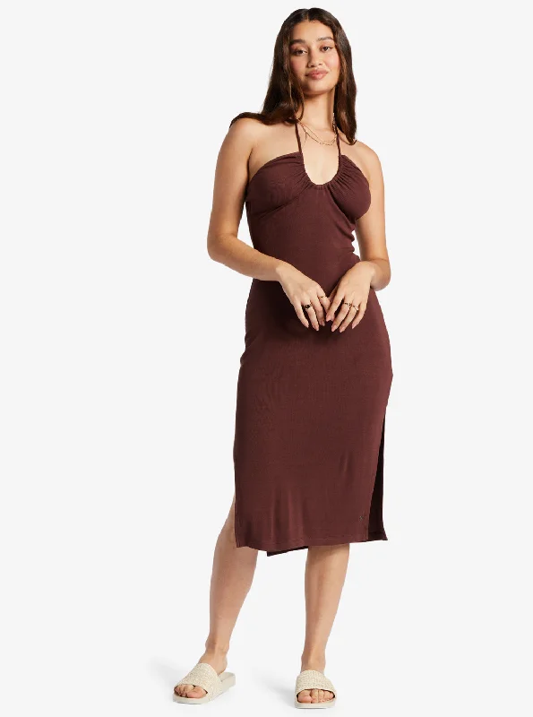 Casual Attire For Women Late Sunset Halter Midi Dress - Bitter Chocolate