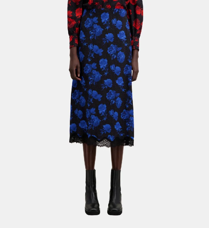 Women's Evening Attire Long Printed Silk Skirt With Lace Details
