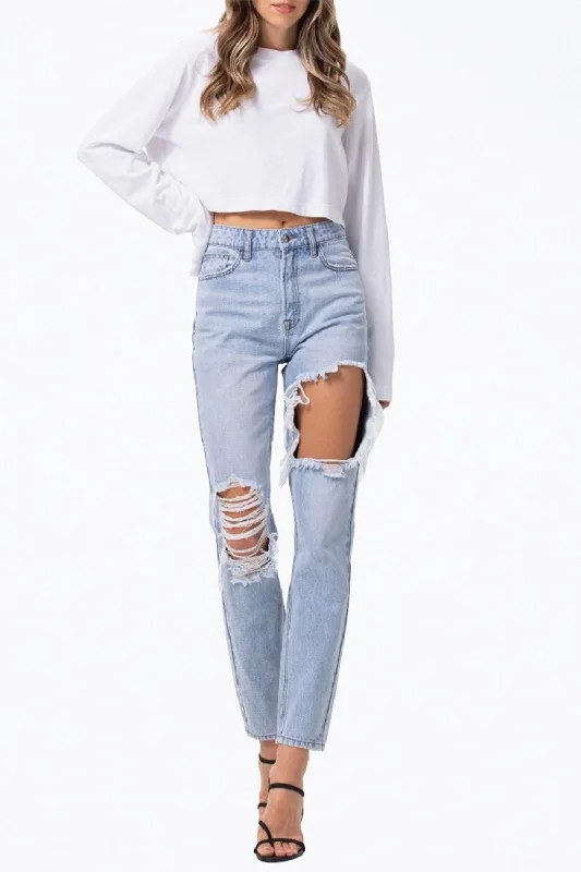 Modern Women's Attire High-Rise Distressed Tapered Jeans In Light Blue