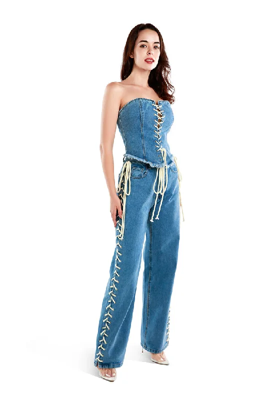 Women's Elegant Evening Attire lace up denim trousers