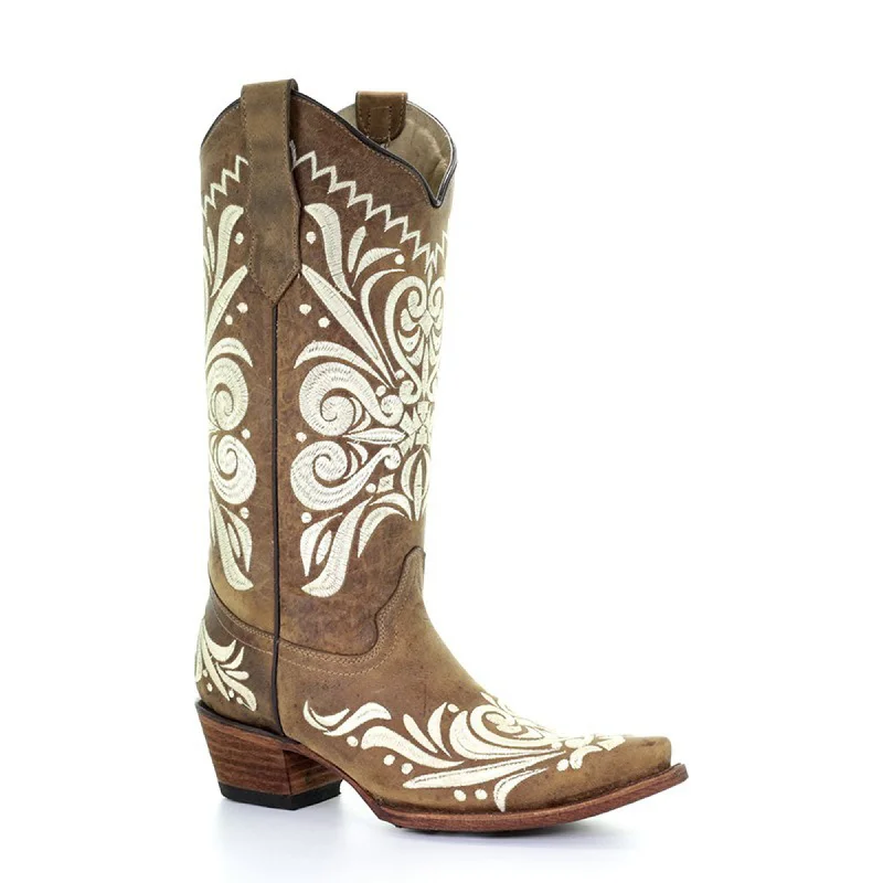 Circle G Womens Fashion Boots Leather Tan/White Embroidered