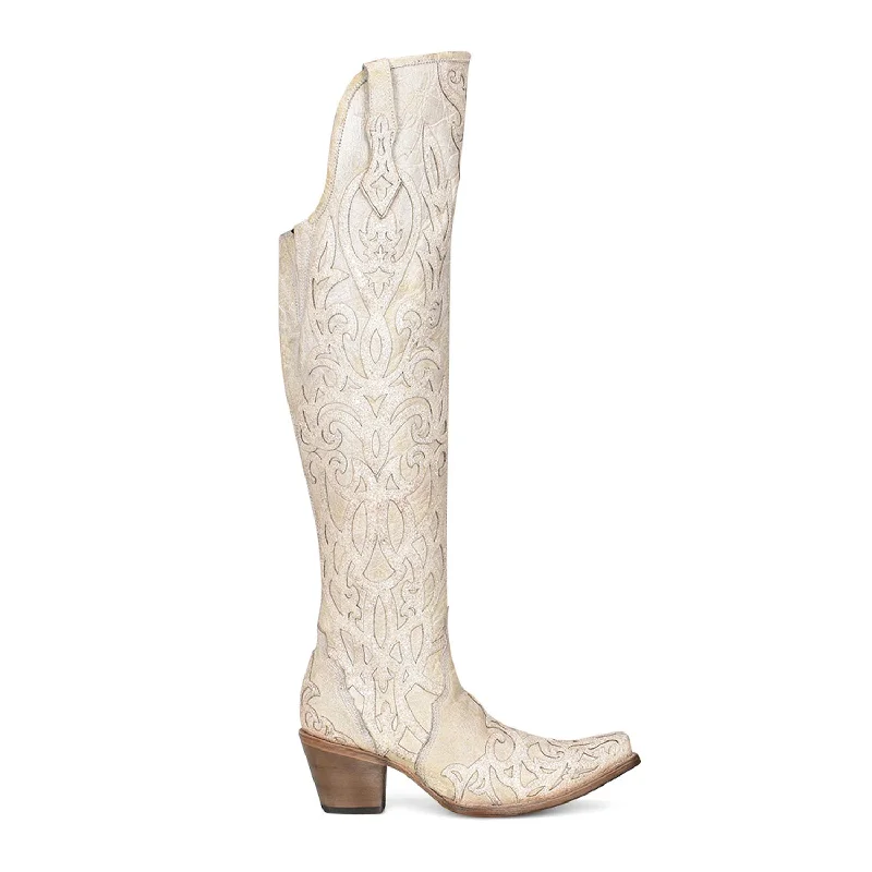 Corral Womens Beige Glitter Overlay White Cowhide 22in Cowboy Boots