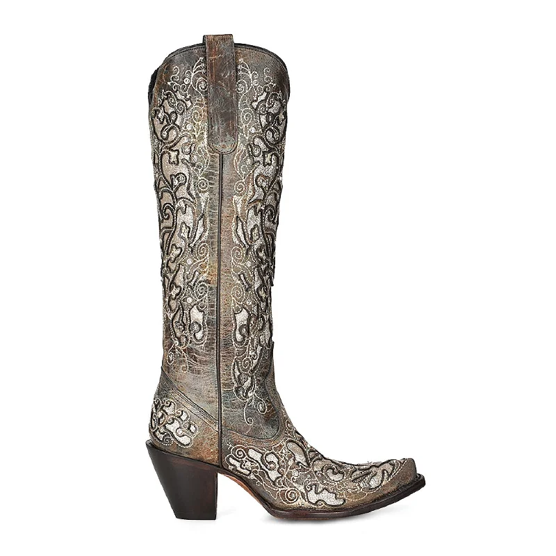 Corral Womens Floral Overlay Tall Studs Silver Cowhide 16.5in Cowboy Boots