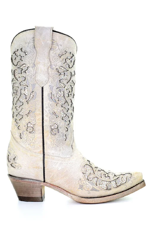 Corral Youth Girls T0021 White Leather 11in Glitter Inlay Cowboy Boots