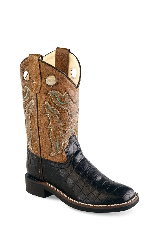 Old West Black/Tan Kids Boys Faux Leather Croc Cowboy Boots 10.5D