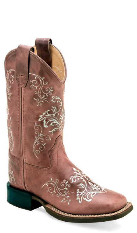 Old West Children Girls Broad Square Toe Cactus Pink Leather Cowboy Boots 1 D