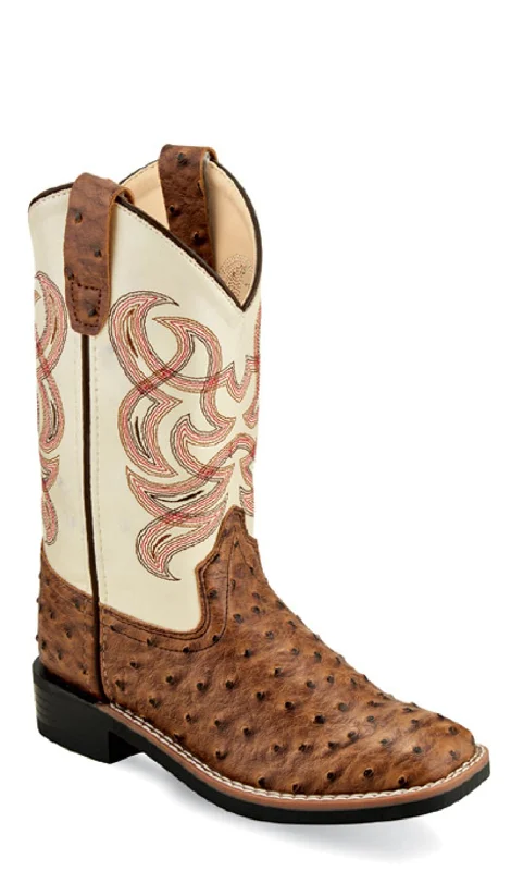 Old West Children Unisex Broad Square Toe Brown/White Faux Leather Cowboy Boots 11.5 D