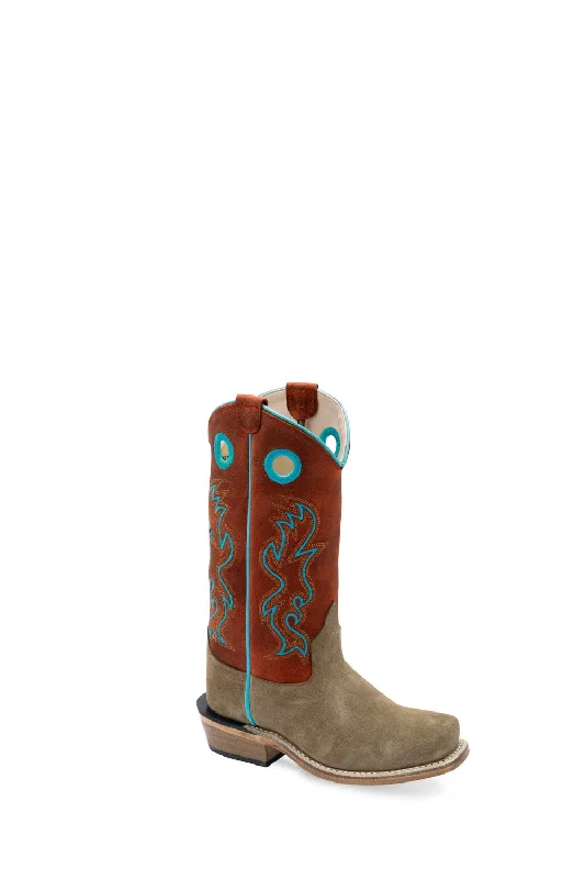 Old West Youth Unisex Medium Square Toe Camel/Cloudy Red Leather Cowboy Boots 7 D